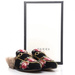 New Authentic Gucci Princetown Velvet Floral Print Fur Lined Round Toe Mules US9